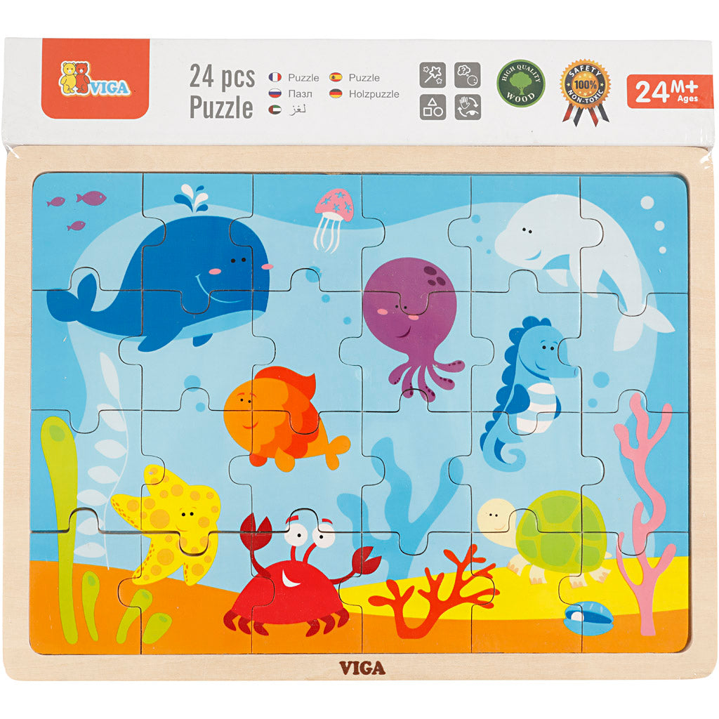 VIGA Houten Legpuzzels, zeedieren, afm 30x22,5 cm, 24 delen, 1 stuk [HOB-907791]