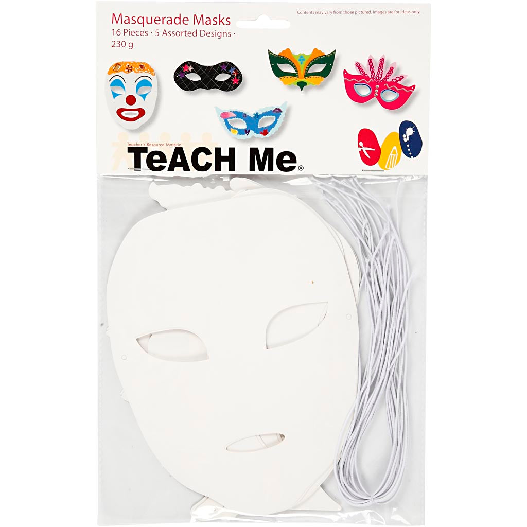 Theatermaskers, H: 8,5-19 cm, B: 15-20,5 cm, 230 gr, wit, 16 stuk/ 1 doos [HOB-95216]