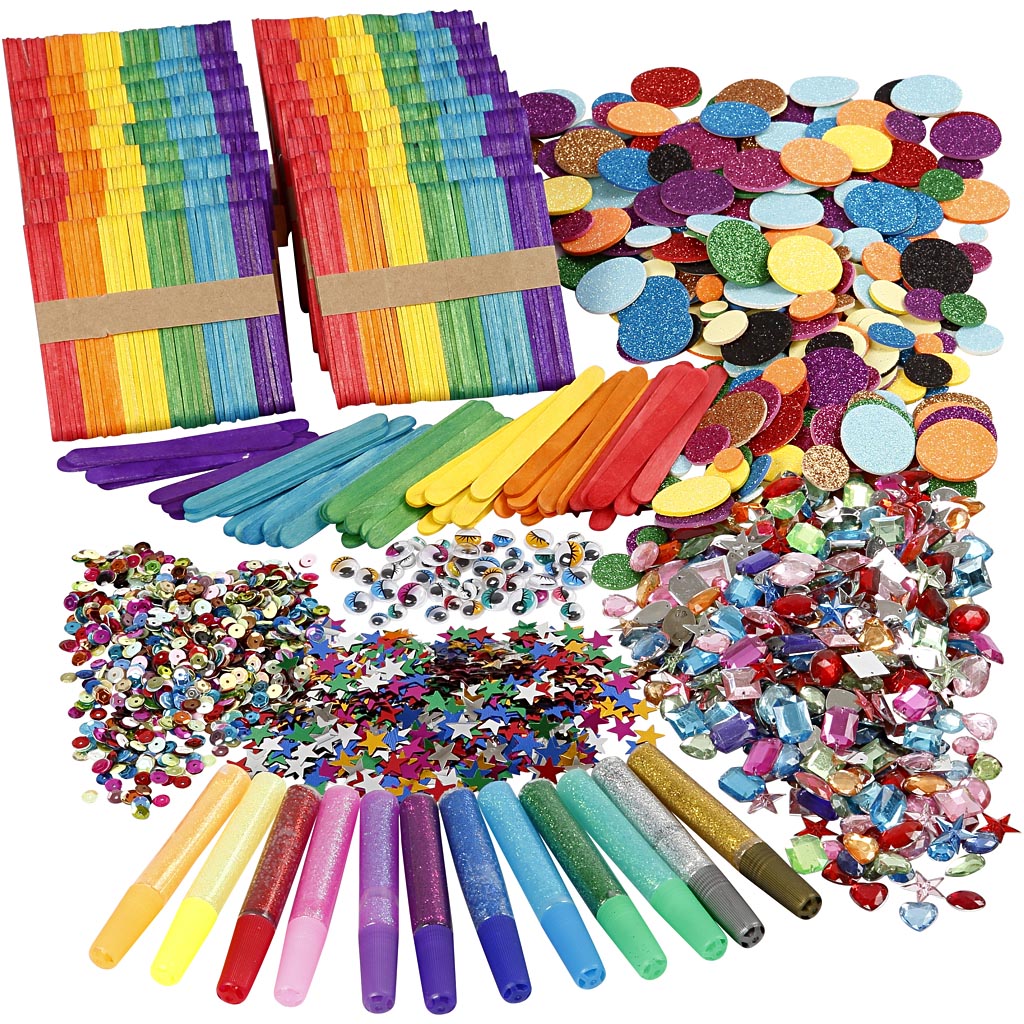 Glitter en houten stokjes, diverse kleuren, 1 set [HOB-97435]