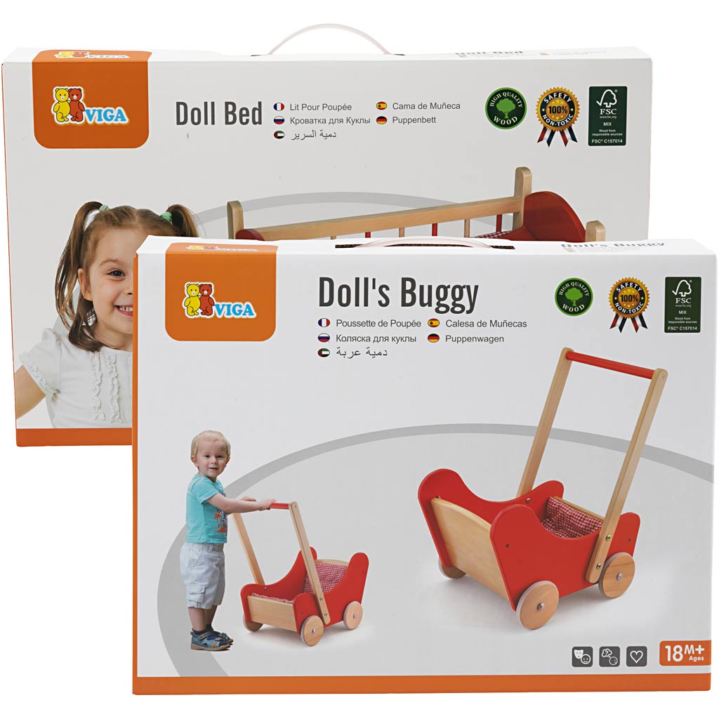 VIGA Poppenbed en houten Poppenwagen, rood, 2 onderdelen/ 1 set [HOB-980948]