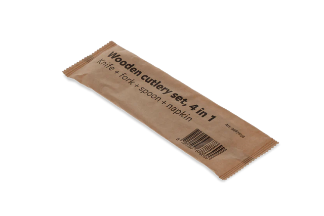 Houten bestekset 4/1 mes + vork + lepel + servet FSC (250 stuks) [TK-9987658]