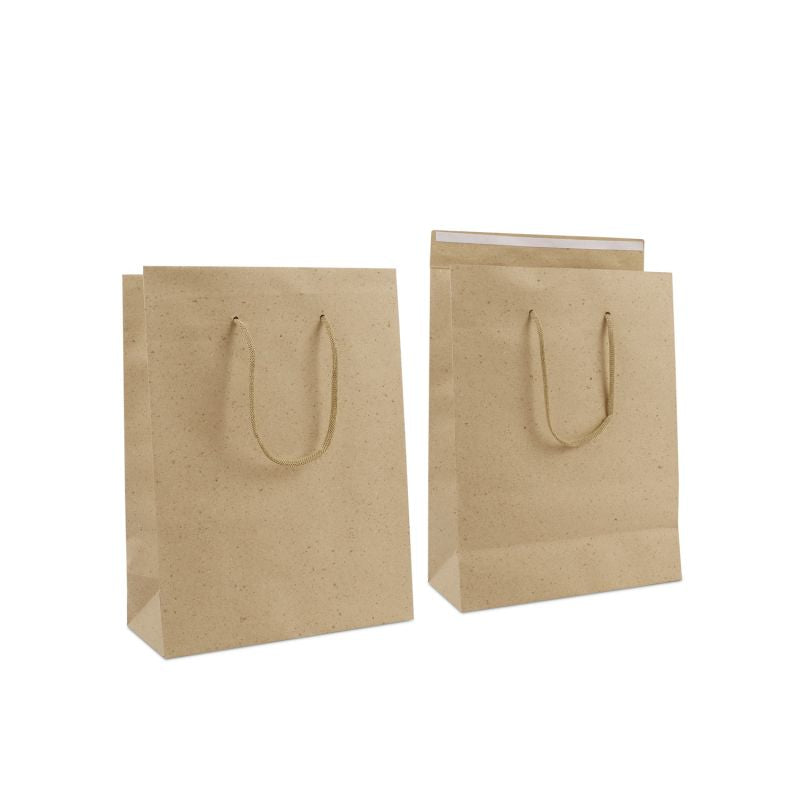 Papieren Draagtassen Bruingrijs 26+12x35 cm met klep en plakstrip (100 stuks) [FP-DPK149]