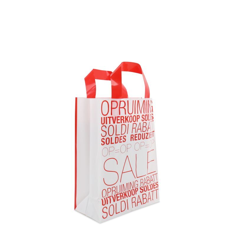Plastic Draagtassen Rood met sale bedrukking 22+10x30 cm (250 stuks) [FP-DQL008]
