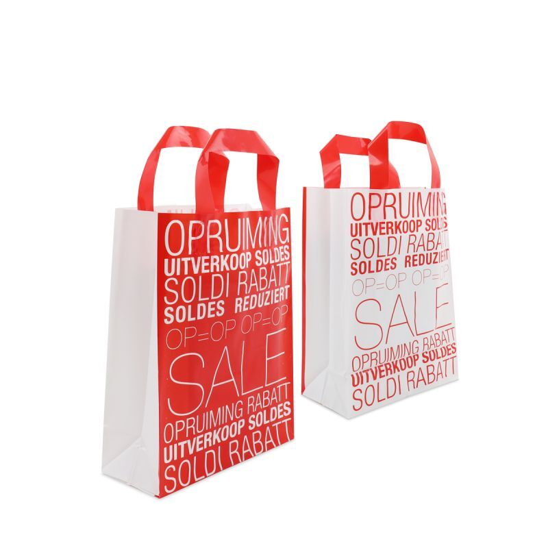 Plastic Draagtassen Rood met sale bedrukking 22+10x30 cm (250 stuks) [FP-DQL008]