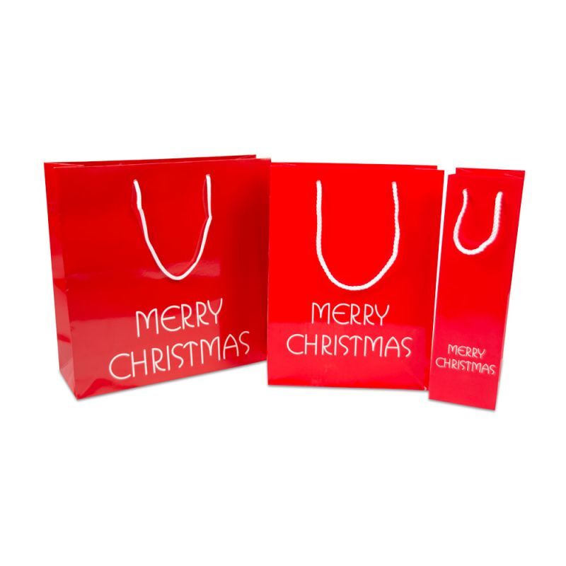 Papieren kerst Draagtassen Rood Merry Christmas 10+10x35 cm (100 stuks) [FP-TOP992]