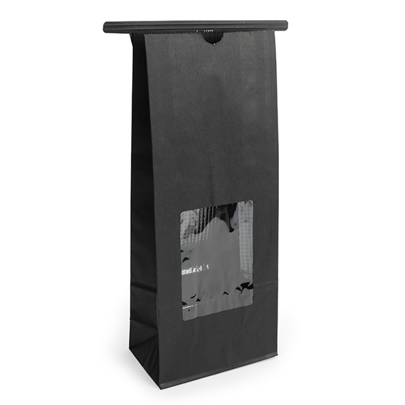Blokbodemzakken Zwart met Tin-Tie Sluiting en Venster 10,8x6,4x26,7cm (100 stuks) [TTW2B]