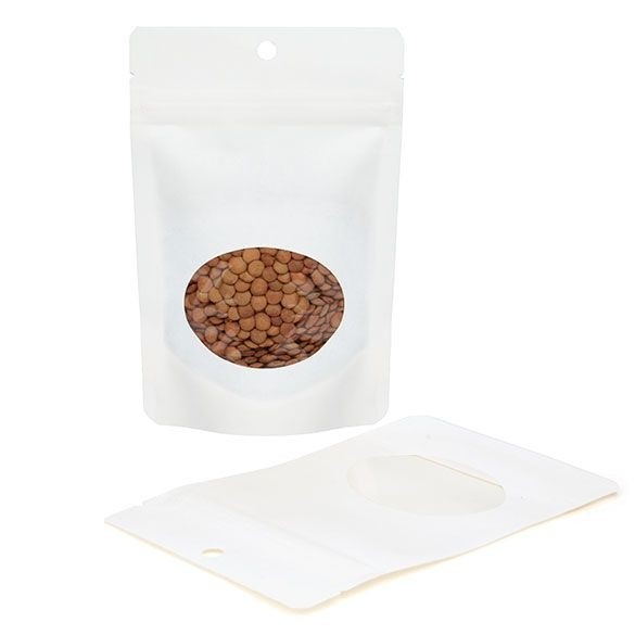 Stand Up Pouches White Kraft Compostable 10.2x6x15.2cm with oval Window | 57 grams