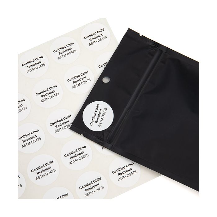 Stickers Rond Certified Cild Resistant Bedrukking (Wit/Zwarte Tekst) 2,5 cm (1 Vel) [LS1CCR]