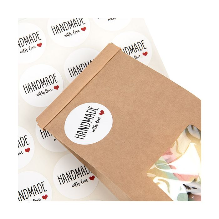 Stickers Rond Handmade Met love Bedrukking (Wit/Zwarte Tekst & Rood Heart) 3,8 cm (1 Vel) [LS1HHMLH]