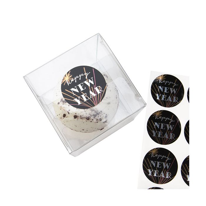 Stickers Rond Happy New Year bedrukking (Rond Zwart/Wit Tekst) 3,8 cm (1 Vel) [LS1HHNY]