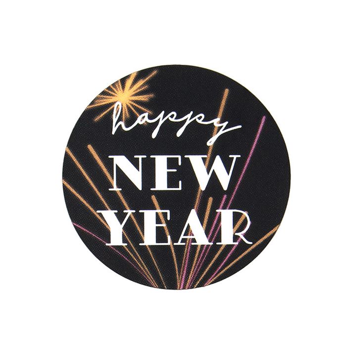 Stickers Round Happy New Year (Round Black w/ White Tekst) 3,8 cm (1 Sheet)
