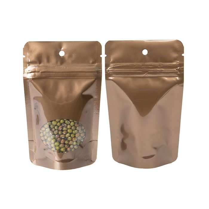 Bronze Stand Up Zipper Pouch with Oval Window 8 x 5 x 13 cm + Hang Hole (100 Pieces) [ZBGO1BZH]