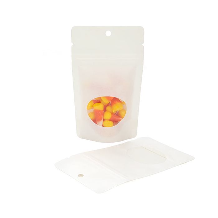 Stazakken Kraft Wit met ovaal Venster 7,9x5,1x13cm | 28 gram met rond ophanggat (100 stuks) [ZBGO1WKH]