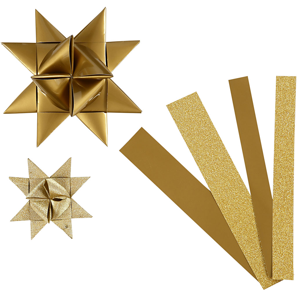 Papieren vlechtstroken, goud, L: 44+78 cm, d 6,5+11,5 cm, B: 15+25 mm, glitter,vernis, 40 stroken/ 1 doos