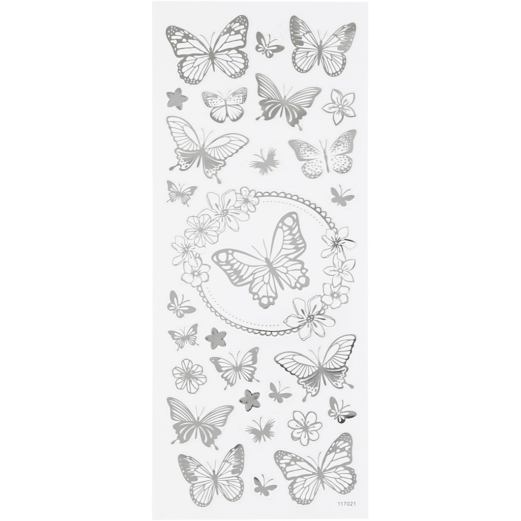 Afbeelding van Stickers, vlinders, 10x24 cm, zilver, 1 vel | Diverse Foliekarton Decoraties Foliekarton Stickers en kleine decoratieve artikelen | 8719346103604