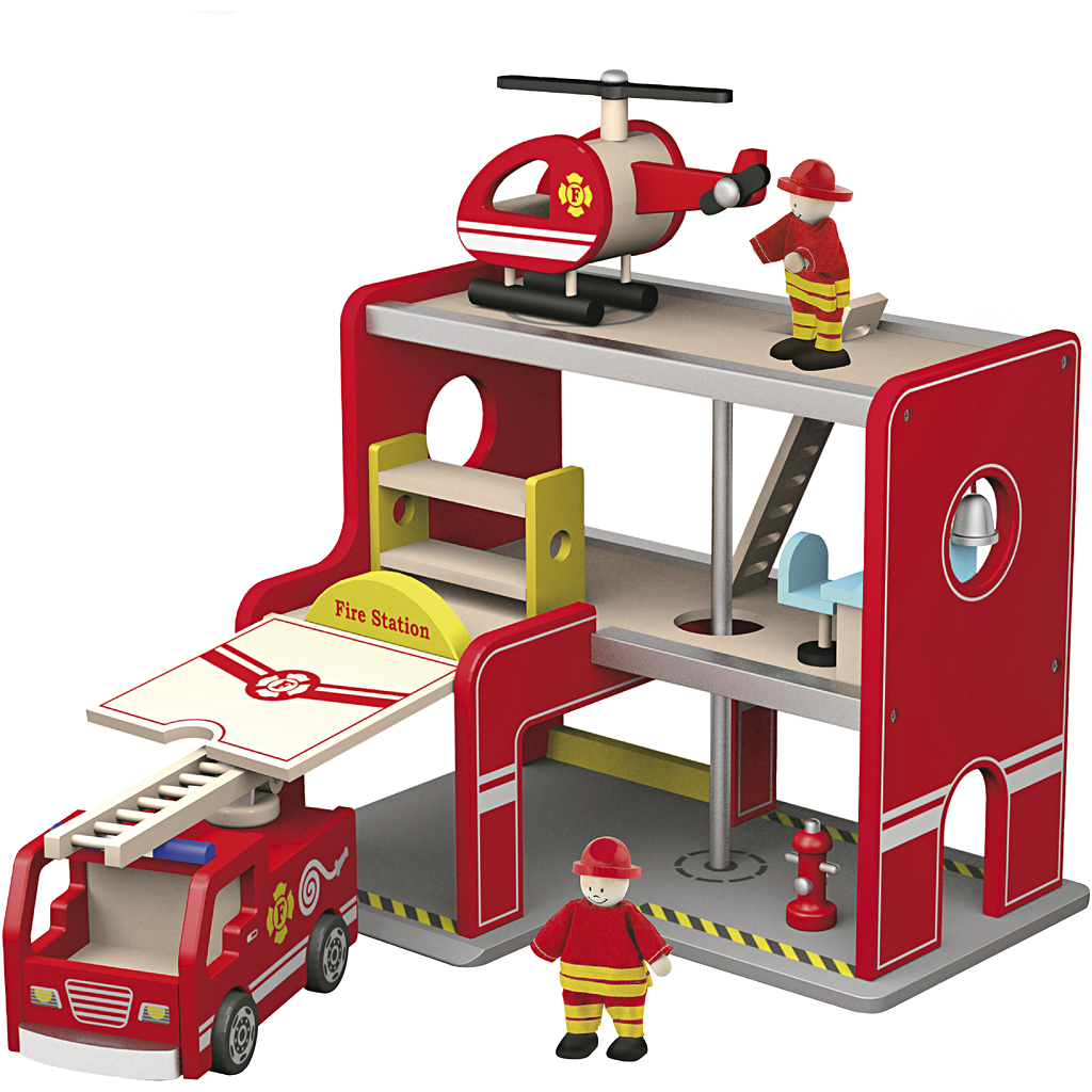 Afbeelding van VIGA houten brandweerkazerne, afm 35x26x28 cm, 1 stuk | Speelgoed Houten Producten Decoratiematerialen Hobbyproducten | 8719346291295