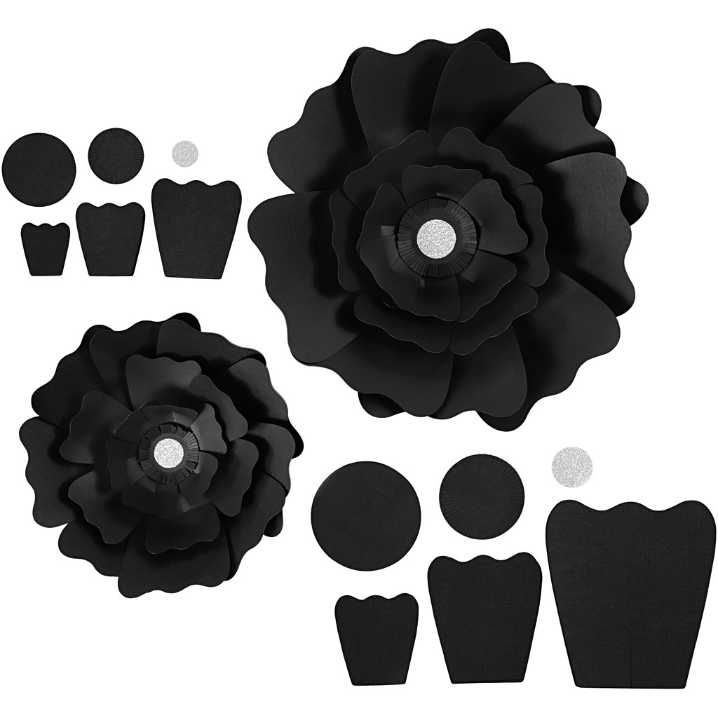 Papieren bloemen, zwart, d 15+25 cm, 230 gr, 2 stuk/ 1 doos