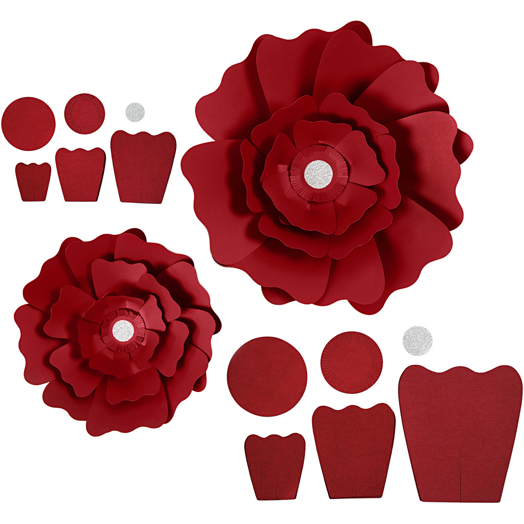 Papieren bloemen, rood, d 15+25 cm, 230 gr, 2 stuk/ 1 doos