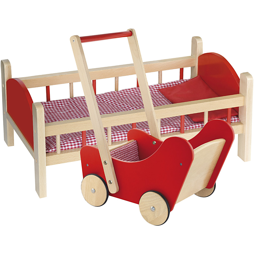 Afbeelding van VIGA Poppenbed en houten Poppenwagen, rood, 2 onderdelen/ 1 set | Speelgoed Houten Producten Decoratiematerialen Hobbyproducten | 8719346290427