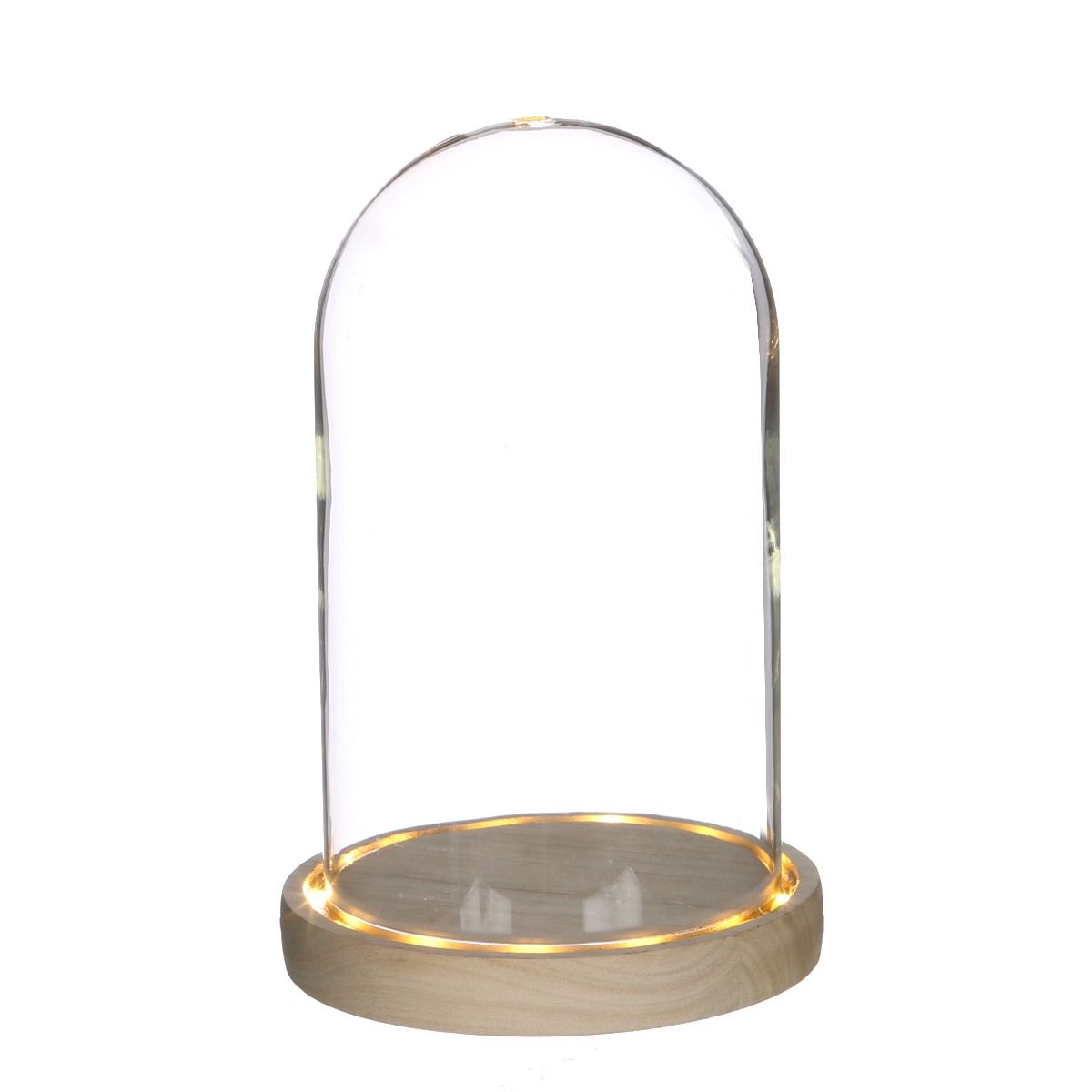 Glazen LED stolp Ø14cm H:20cm met houten basis