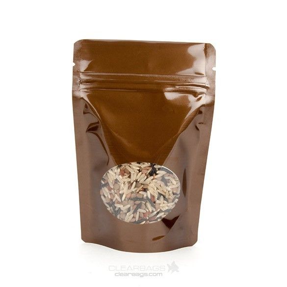 Hersluitbare Stazakken Brons Gemetalliseerd met ovaal venster (met Vouw) 10,2 x 6 x 15,2cm (235ml) (100 Stuks) [ZBGMO2BZ]
