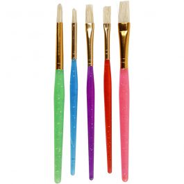 Kwasten voor Kinderen, afm 8+12+18, L: 14-16 cm, B: 5-10 mm, plat,rond, diverse kleuren, 5 stuk/ 1 doos [HOB-10344]