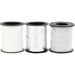 Cadeaulint, B: 10 mm, zilver, glitter zilver, wit, 3x15 m/ 1 doos [HOB-202412]