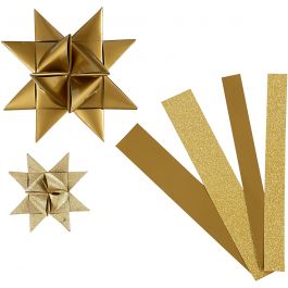 Papieren vlechtstroken, L: 44+78 cm, B: 15+25 mm, d 6,5+11,5 cm, glitter,vernis, goud, 40 stroken/ 1 doos [HOB-20776]