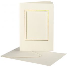 Passepartout kaarten , rechthoek met gouden rand, afmeting kaart 10,5x15 cm, afmeting envelop 11,5x16,5 cm, off-white, 10 set/ 1 doos [HOB-23726]