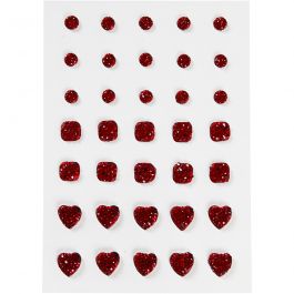 Strasstenen, rood, rond, vierkant, hart, afm 6+8+10 mm, 35 stuk/ 1 doos [HOB-24375]
