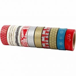 Masking Tape, Kerstmis, B: 15 mm, 10x10 m/ 1 doos [HOB-25194]