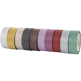 Glitter tape, B: 15 mm, diverse kleuren, 10x6 m/ 1 doos [HOB-25224]