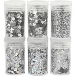 Glitter en Pailletten, zilver, 6x5 gr/ 1 doos [HOB-28467]