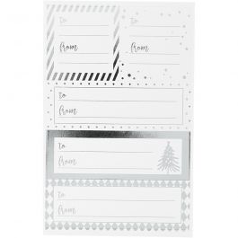 Stickers, vel 9x14 cm, afm 42x39+84x29 mm, zilver, wit, 4 vel/ 1 doos [HOB-28499]