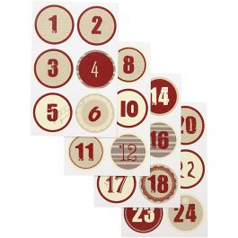 Kerstkalender cijfer stickers, d 4 cm, vel 9x14 cm, 4 div vellen/ 1 doos [HOB-28507]