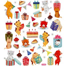Stickers, verjaardags katten, vel 15x16,5 cm, 1 vel [HOB-29063]