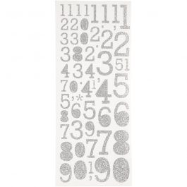 Glitterstickers, cijfers, vel 10x24 cm, zilver, 2 vel/ 1 doos [HOB-29109]