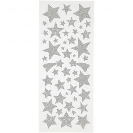 Glitterstickers, sterren, vel 10x24 cm, zilver, 2 vel/ 1 doos [HOB-29111]