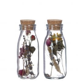 Glazen melkfles met 2 diverse droogbloemen Ø6cm (12 st.) [IFS-29391]