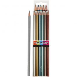 Colortime Kleurpotloden, L: 17,45 cm, vulling 3 mm, metallic kleuren, 6 stuk/ 1 doos [HOB-38097]