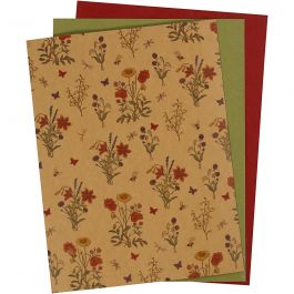 Faux Leather Papier, vel 21x27,5+21x28,5+21x29,5 cm, dikte 0,55 mm, unikleurig,bedrukt, naturel, groen, rood, 3 vel/ 1 doos [HOB-498835]