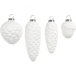 Hangende ornamenten, H: 3,5+5+6,6+8,5 cm, d 2,5+3+4,5 cm, wit, 4 stuk/ 1 doos [HOB-50492]