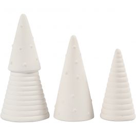 Kerstbomen, H: 10+12+15 cm, d 5+6+7 cm, wit, 3 stuk/ 1 doos [HOB-50493]