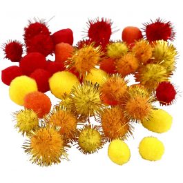Pompons, d 15+20 mm, oranje, rood, geel, 48 div/ 1 doos [HOB-51882]