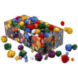 Pom-poms, d 15-40 mm, glitter, sterke kleuren, 400 gr/ 1 doos [HOB-51892]