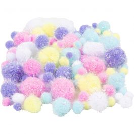 Pom-poms, d 15-40 mm, glitter, pastelkleuren, 62 gr/ 1 doos [HOB-518950]