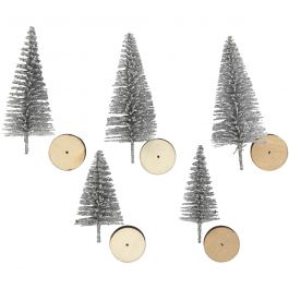 Kerstbomen, H: 40+60 mm, zilver, 5 stuk/ 1 doos [HOB-51958]