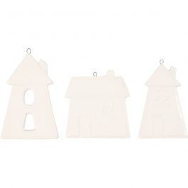 Hangende ornamenten, huizen, H: 7,6-9,7 cm, wit, 18 stuk/ 1 doos [HOB-55517]