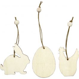 Houten decoraties, konijn, ei, kip, afm 6 cm, dikte 3 mm, 9 stuk/ 1 doos [HOB-56732]