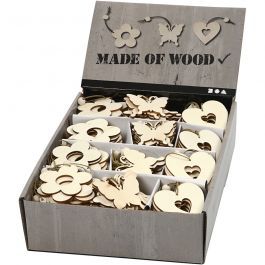 Houten decoraties, bloem, vlinder, hart, afm 6 cm, dikte 3 mm, 200 stuk/ 1 doos [HOB-56734]